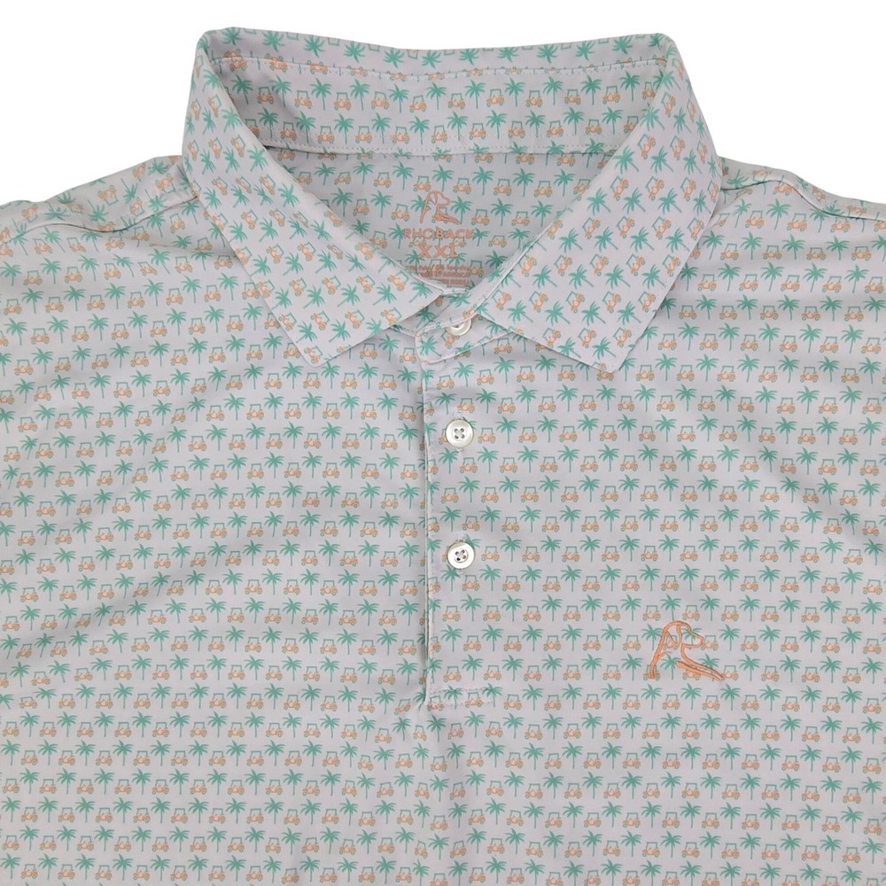 Rhoback The Birdie Golf Polo Shirt Mens XXL White Palm Tree Golf Cart Print AOP